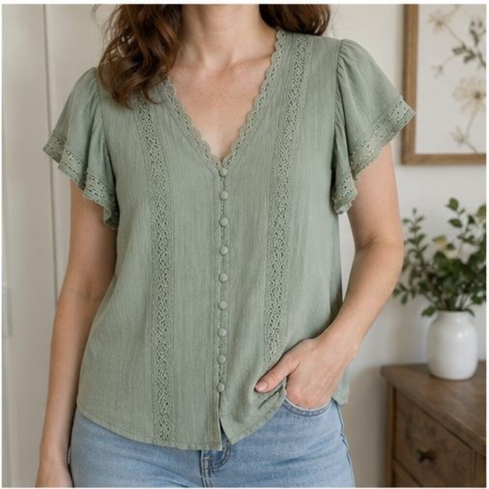 Sage Lace Trim Top - Picture 2 of 6